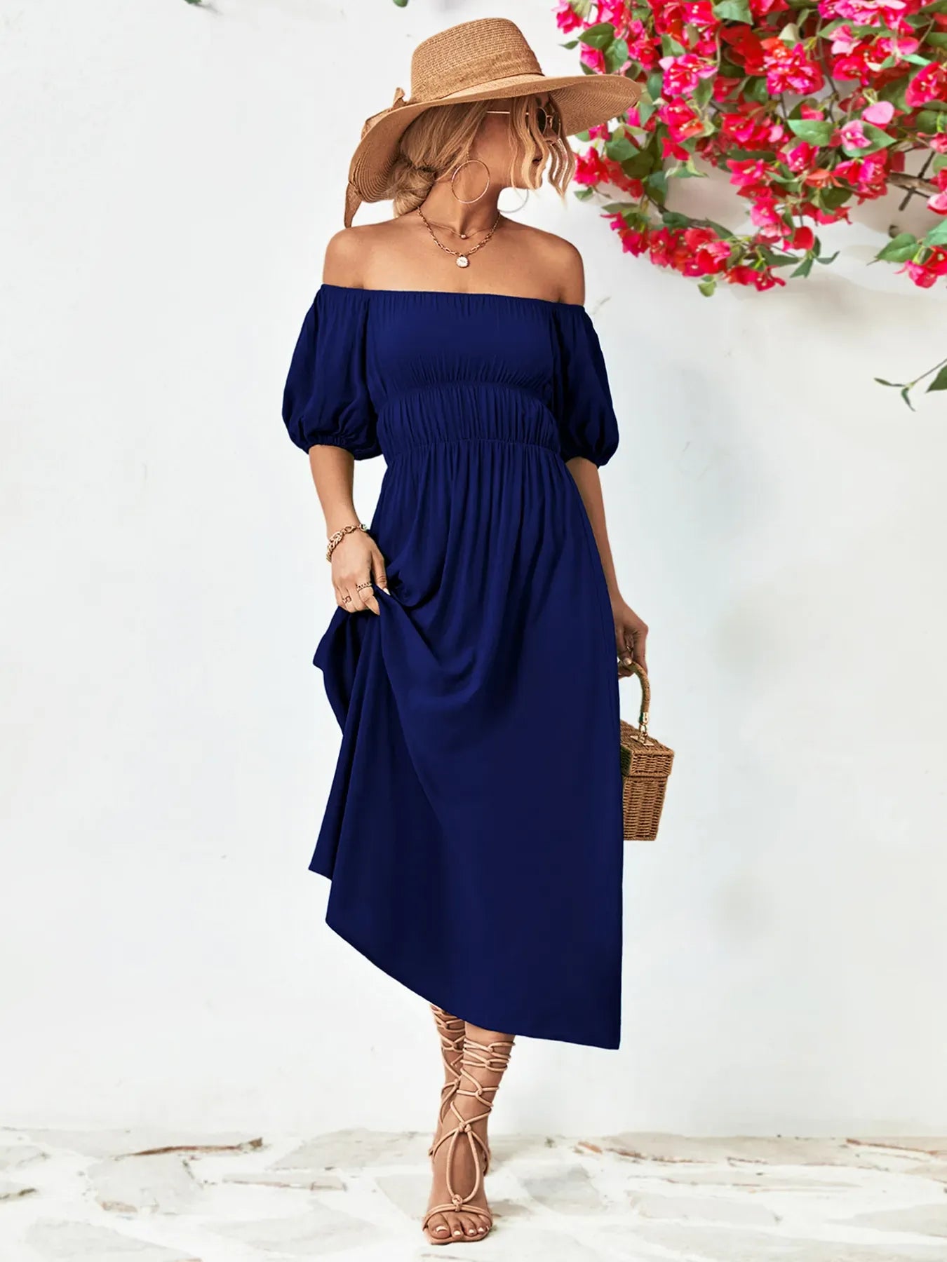 Fashorio Off-Shoulder Puff Sleeve Smocked Maxi Dress