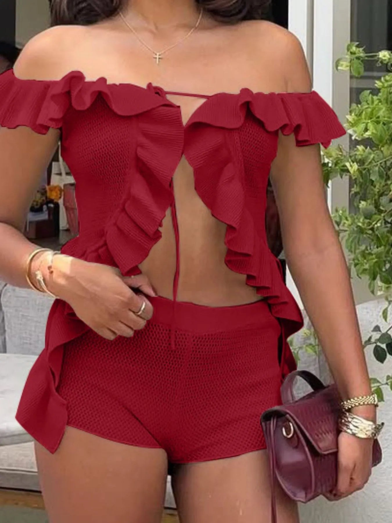 Fashorio Off-Shoulder Ruffle Top and Shorts Sweater Set