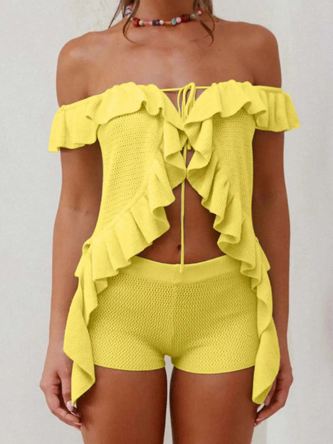 Fashorio Off-Shoulder Ruffle Top and Shorts Sweater Set