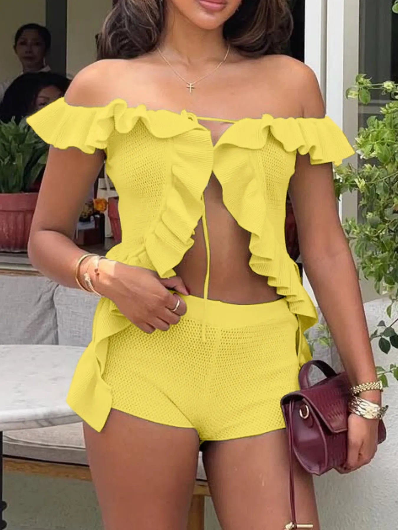Fashorio Off-Shoulder Ruffle Top and Shorts Sweater Set