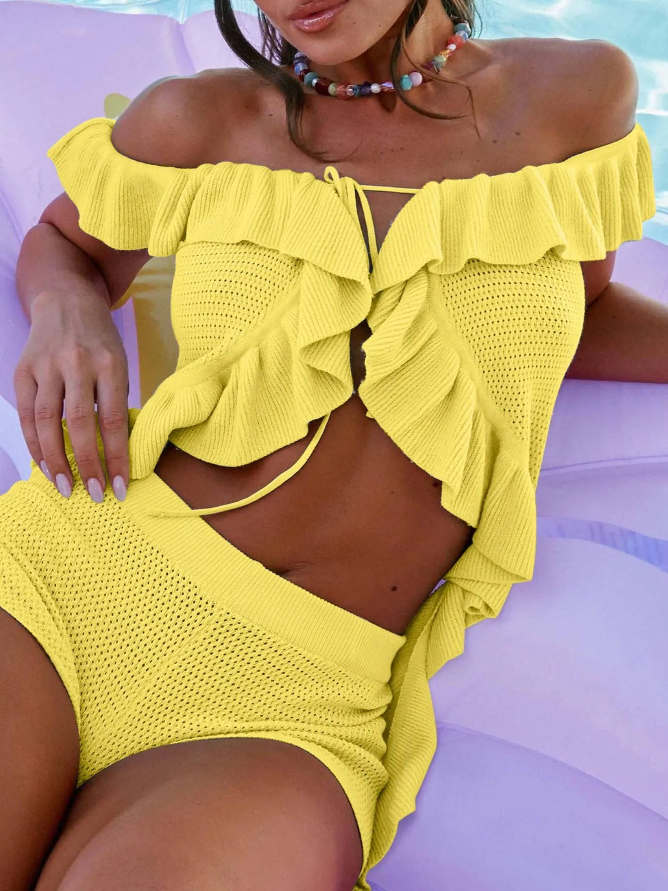 Fashorio Off-Shoulder Ruffle Top and Shorts Sweater Set