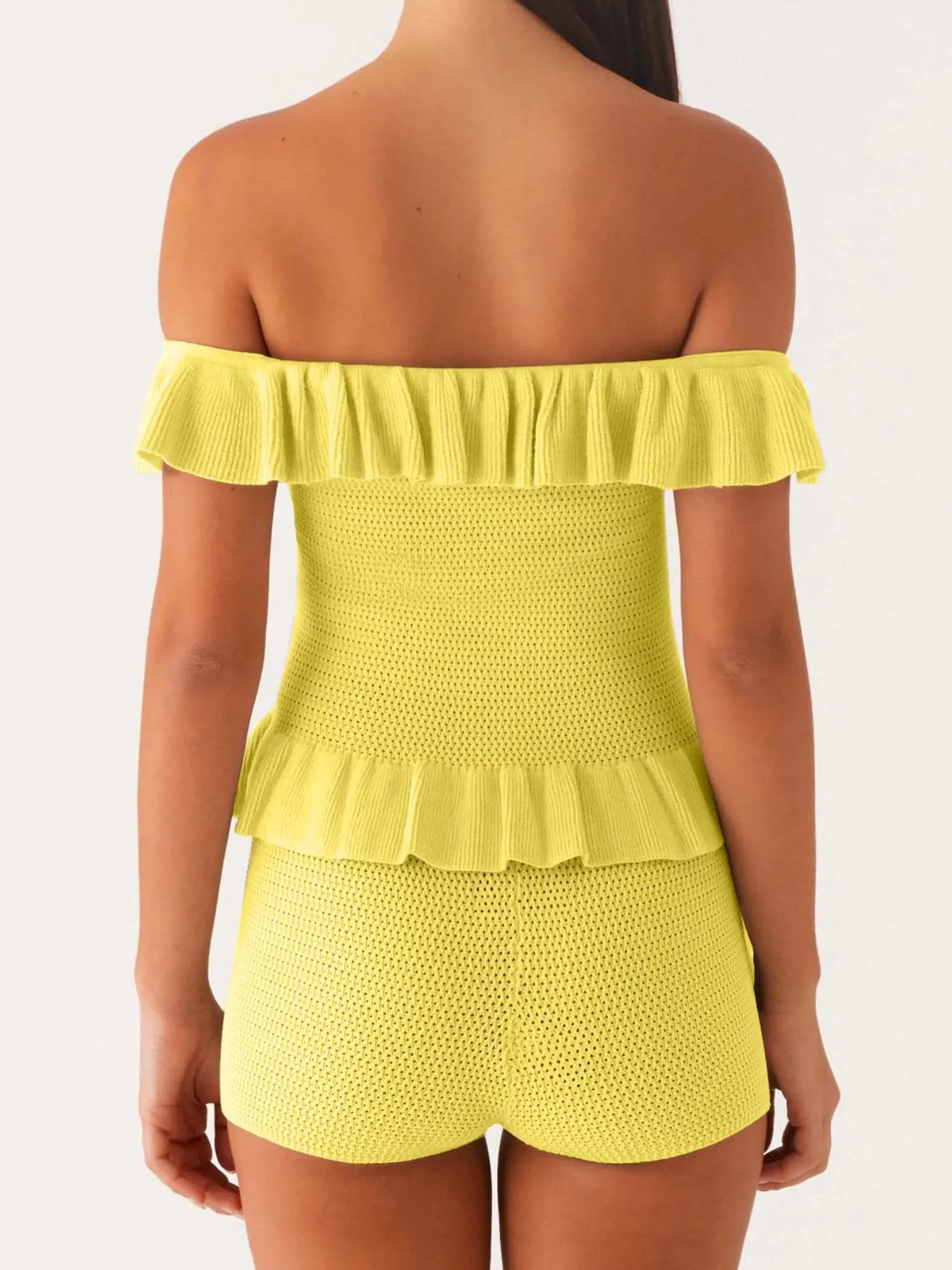 Fashorio Off-Shoulder Ruffle Top and Shorts Sweater Set