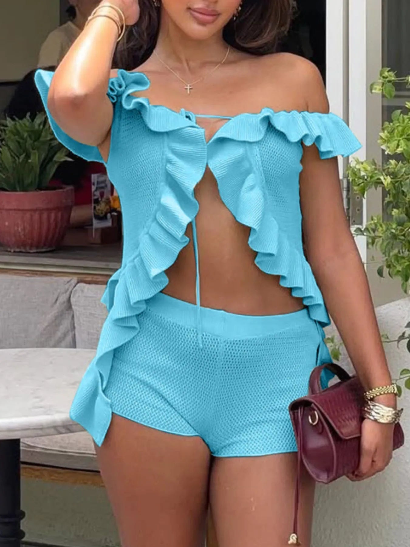 Fashorio Off-Shoulder Ruffle Top and Shorts Sweater Set