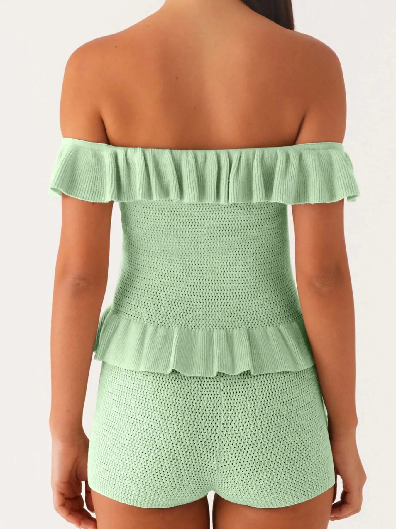 Fashorio Off-Shoulder Ruffle Top and Shorts Sweater Set
