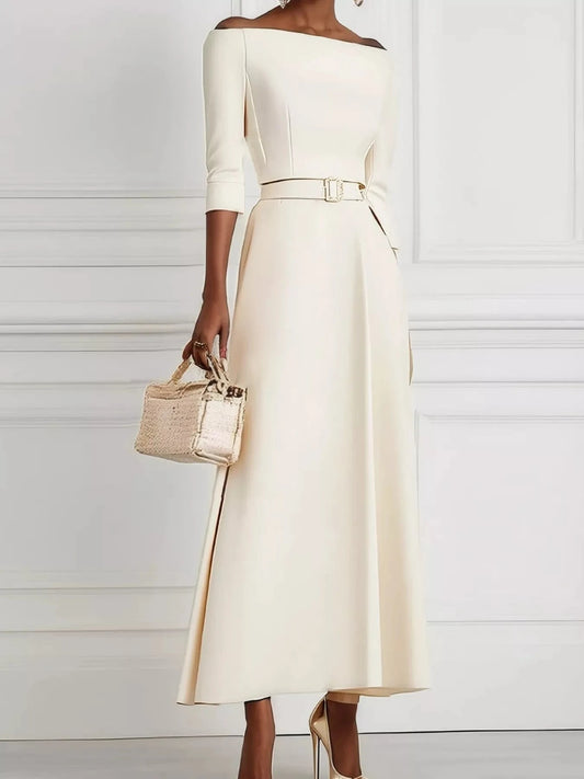 Elegant Off-Shoulder Belted Maxi Dress Off-white - Fashorio