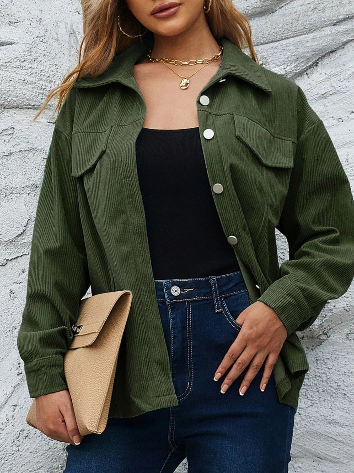 Fashorio Olive Green / S Casual Corduroy Button-Down Jacket