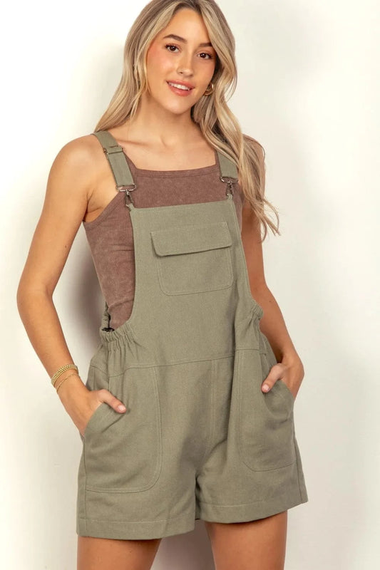 VERY J Adjustable Suspender Overalls with Pockets Olive - Fashorio