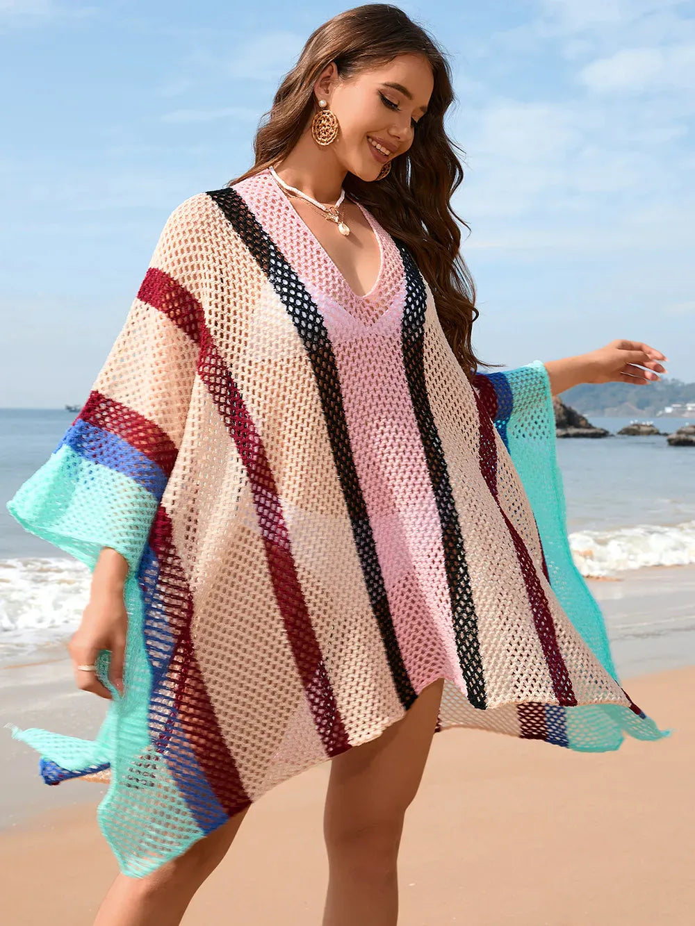 Fashorio Openwork Color Block Plunge Cover-Up
