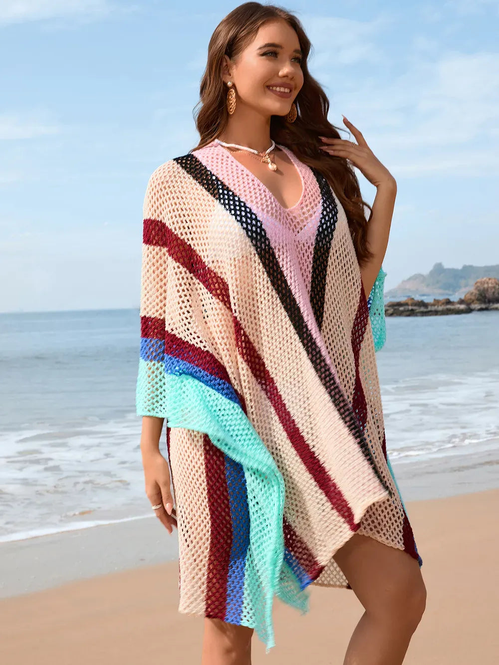 Fashorio Openwork Color Block Plunge Cover-Up
