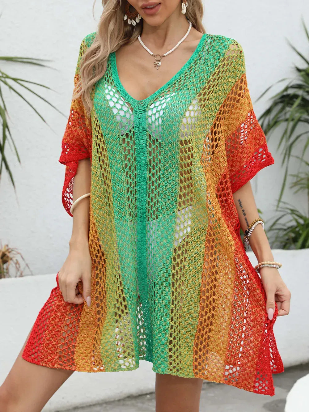 Fashorio Openwork Contrast V-Neck Cover-Up