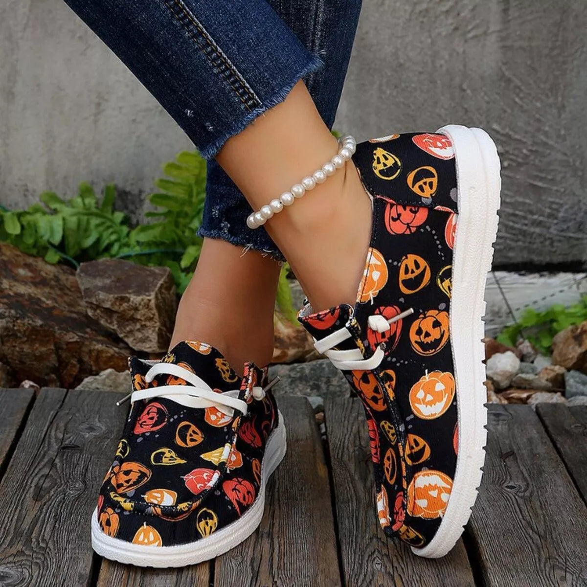 Fashorio Orange / 36 Halloween Pumpkin Print Round Toe Sneakers