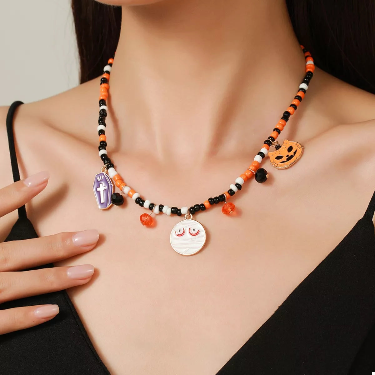 Fashorio Orange / One Size Halloween Charm Beaded Necklace