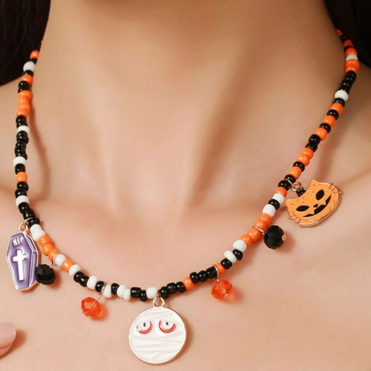 Fashorio Orange / One Size Halloween Charm Beaded Necklace