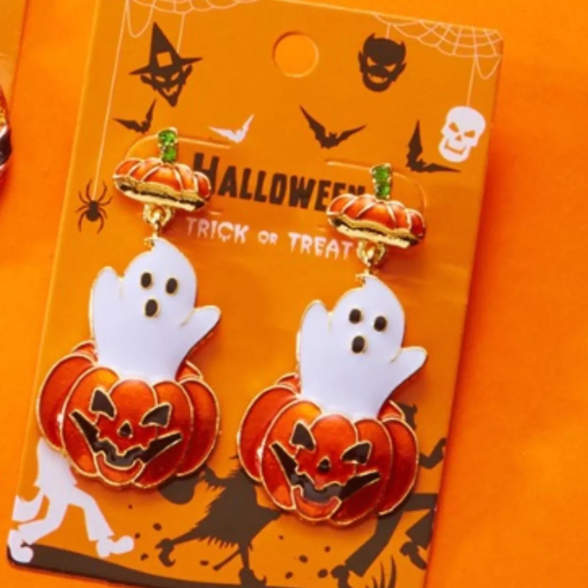 Fashorio Orange / One Size Halloween Ghost Pumpkin Dangle Earrings