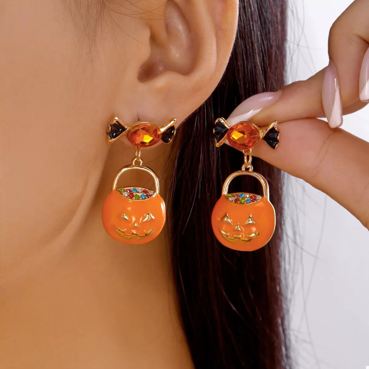 Fashorio Orange / One Size Halloween Rhinestone Pumpkin Dangle Earrings