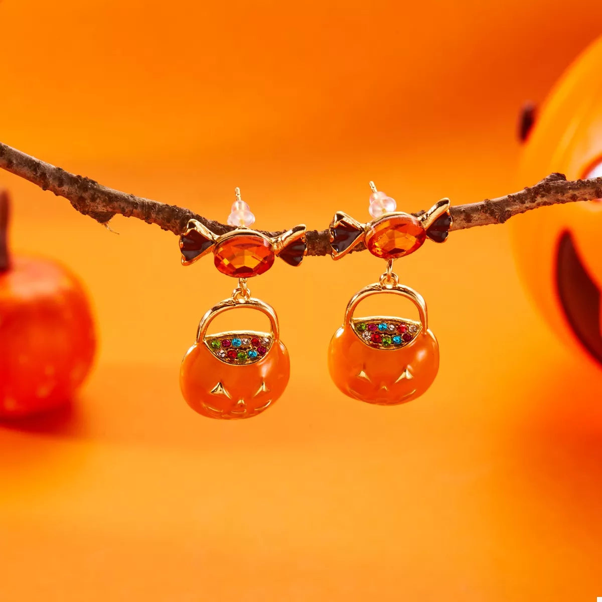 Fashorio Orange / One Size Halloween Rhinestone Pumpkin Dangle Earrings