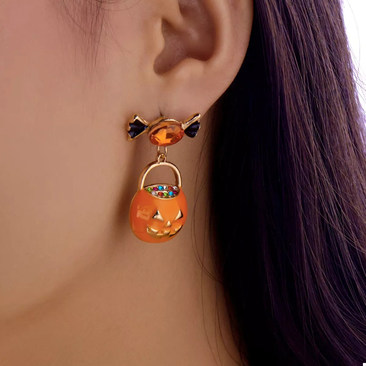 Fashorio Orange / One Size Halloween Rhinestone Pumpkin Dangle Earrings