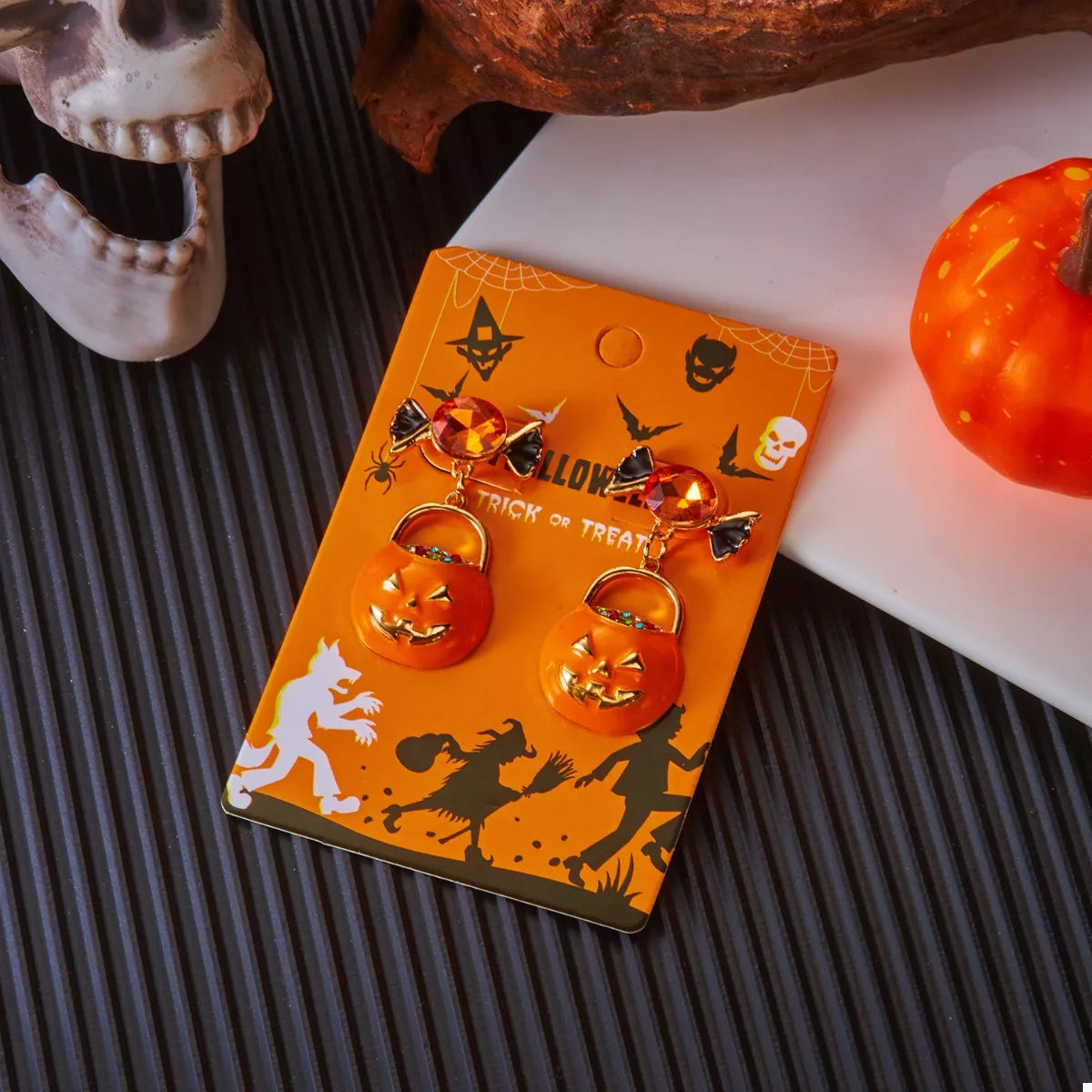 Fashorio Orange / One Size Halloween Rhinestone Pumpkin Dangle Earrings