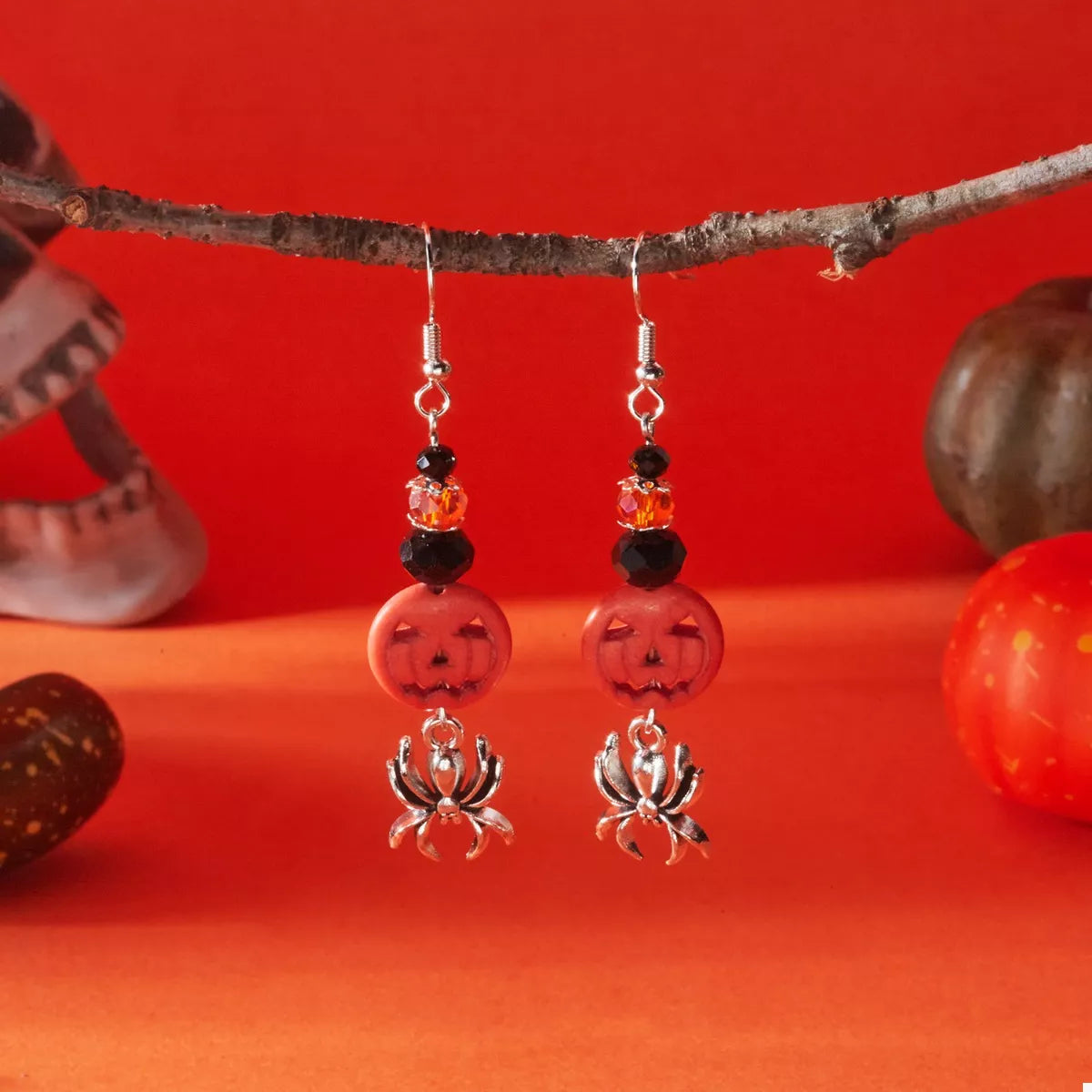 Fashorio Orange / One Size Halloween Spider Pumpkin Drop Earrings