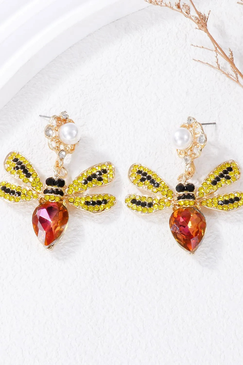 Fashorio Orange-Red / One Size Natural Stone Bee Dangle Earrings