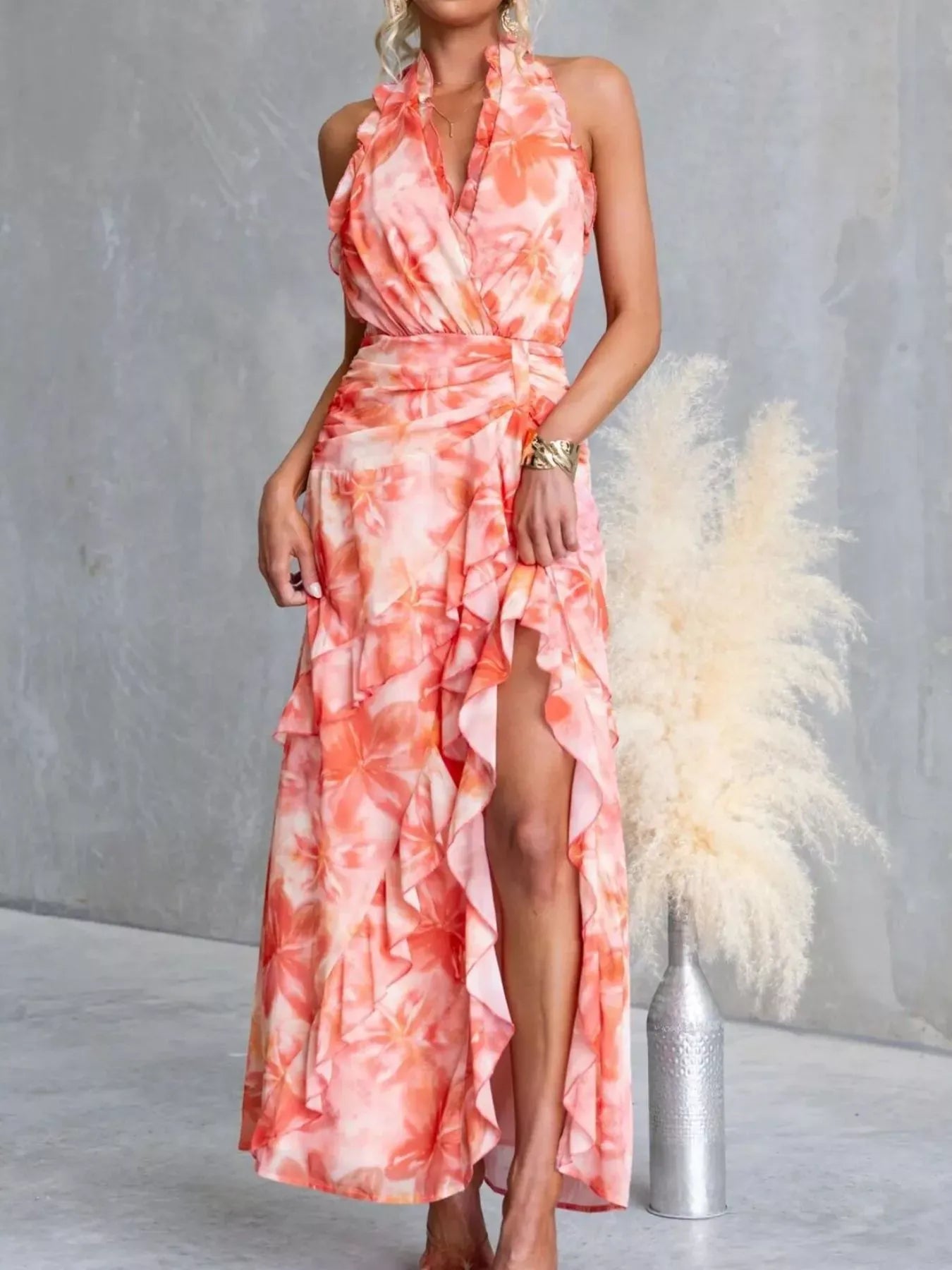 Fashorio Orange-red / S Floral Print Ruffle Halter Neck Maxi Dress