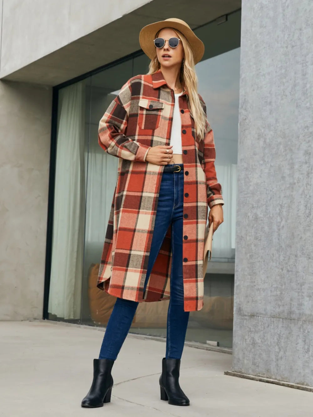 Fashorio Orange-Red / S Plaid Pocketed Button Up Trench Coat