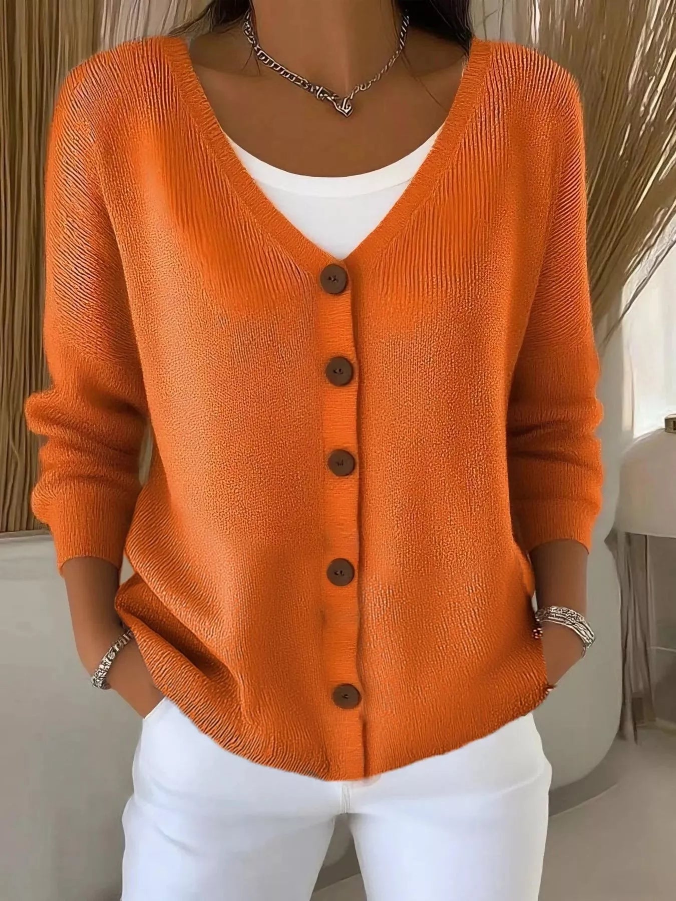 Fashorio Orange / S Full Size Button-Front V-Neck Cardigan Plus Size