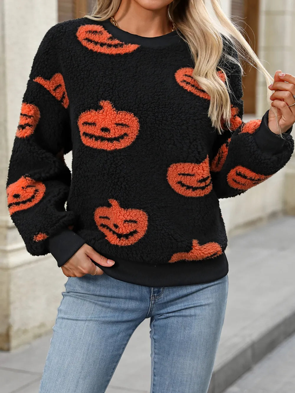 Fashorio Orange / S Fuzzy Pumpkin Round Neck Dropped Shoulder Sweater