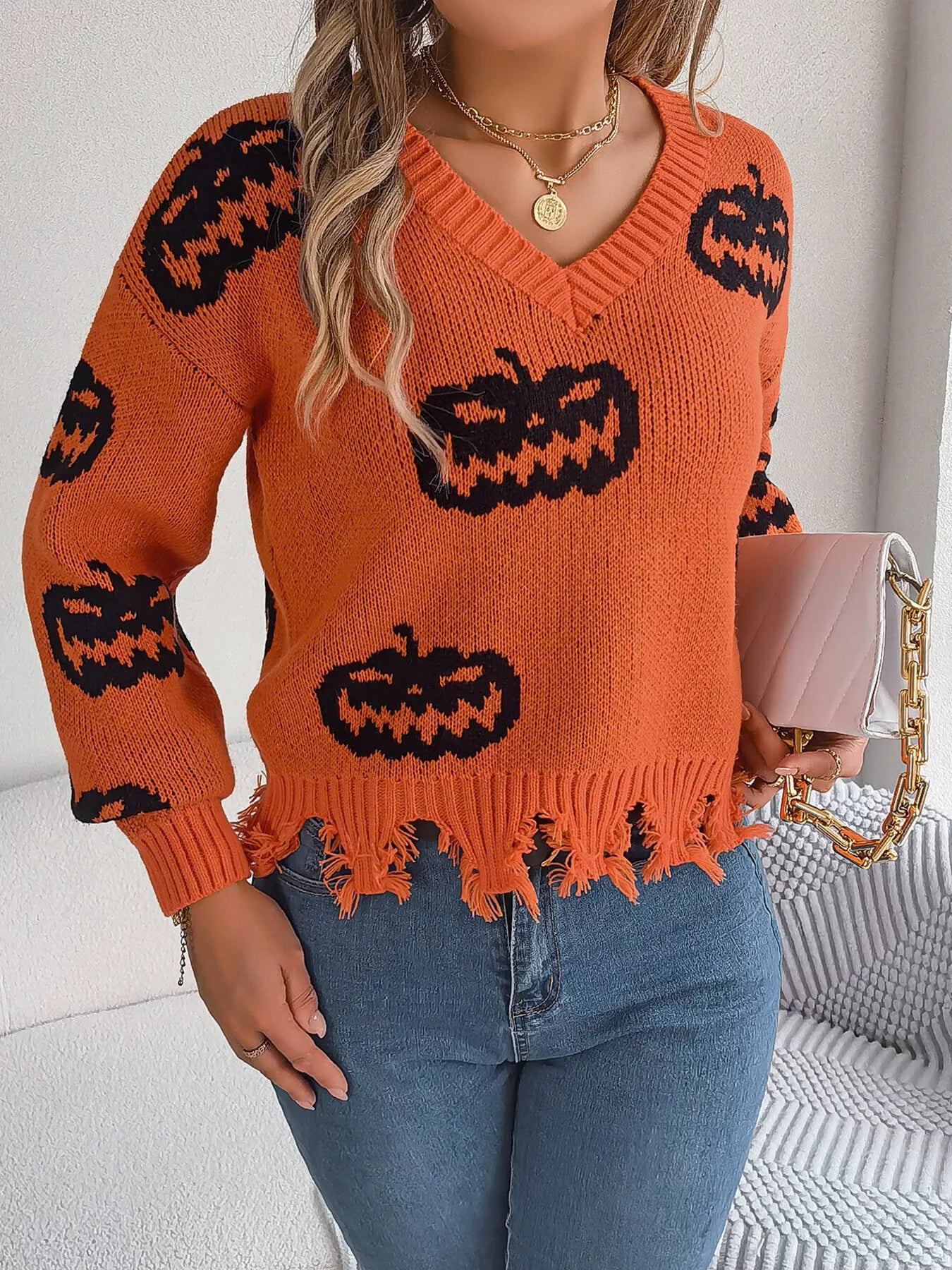 Fashorio Orange / S Halloween Pumpkin Pattern Raw Hem V-Neck Sweater