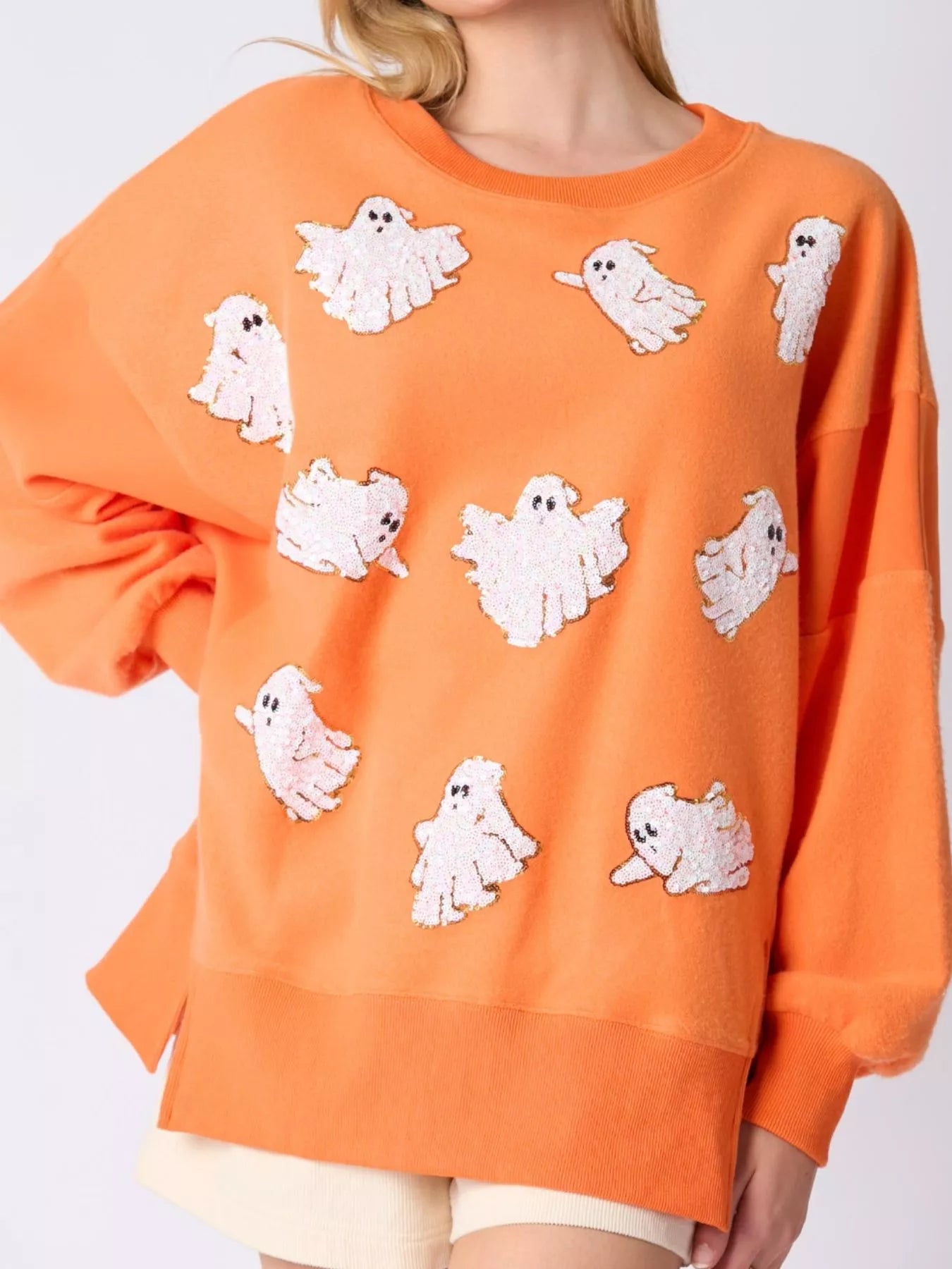 Fashorio Orange / S Halloween Sequin Ghost Oversized Sweatshirt