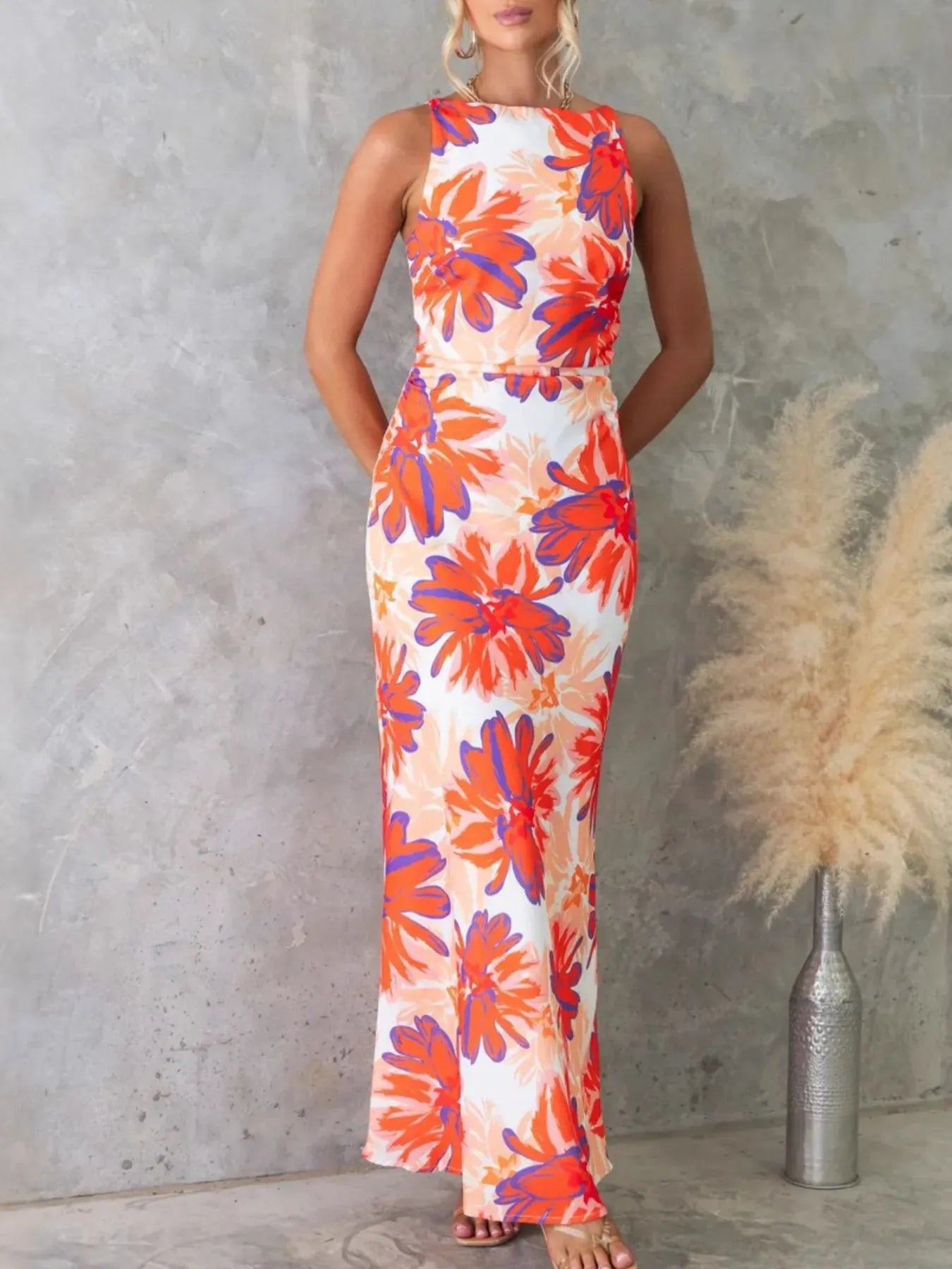 Fashorio Orange / S Printed Backless Sleeveless Maxi Dress