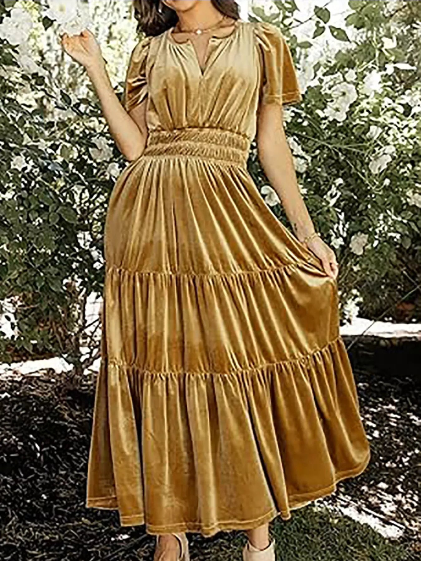 Fashorio Orange / S Velvet Tiered Short Sleeve Maxi Dress