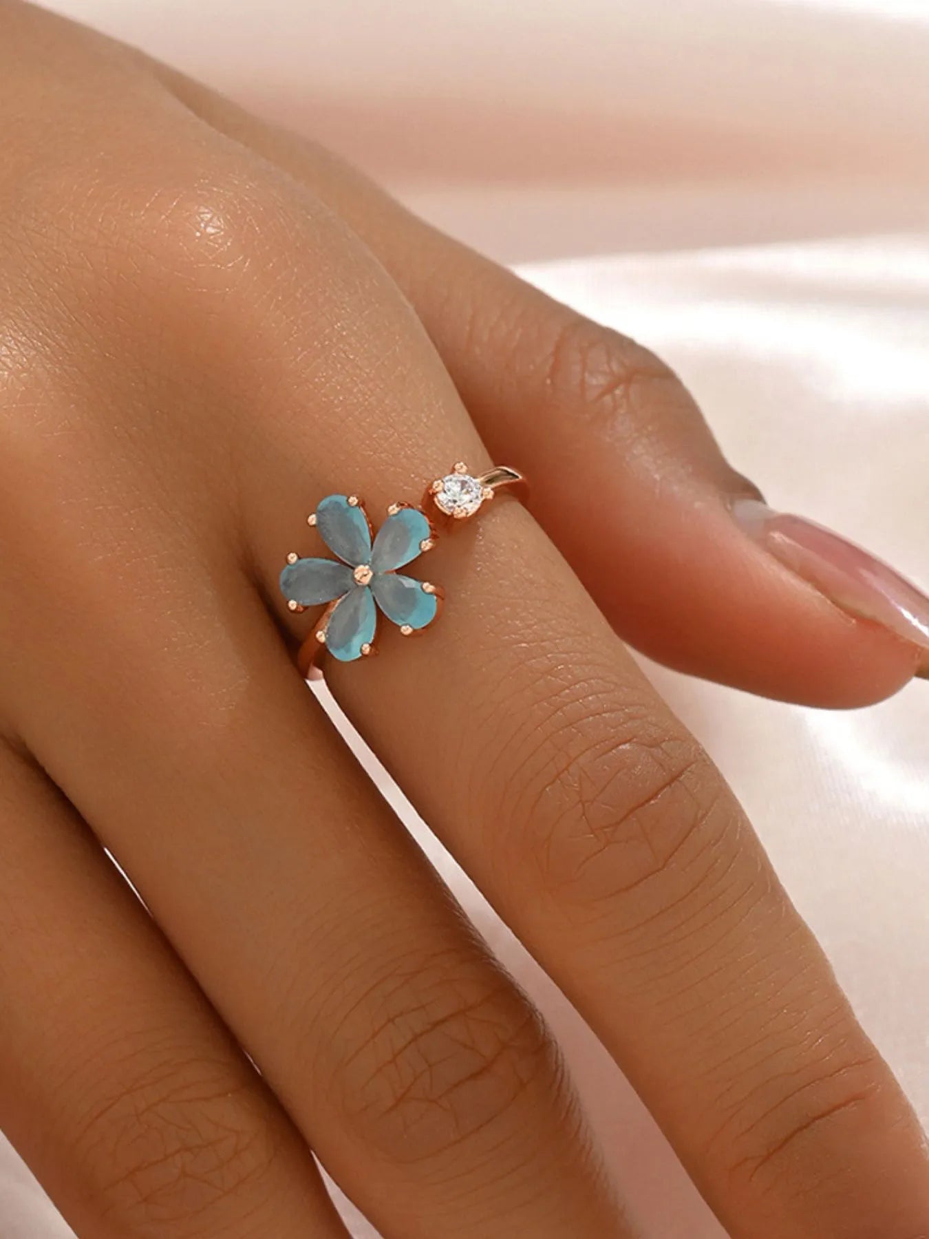 Fashorio Pastel  Blue / 7 18K Gold-Plated Stainless Steel Zircon Flower Ring