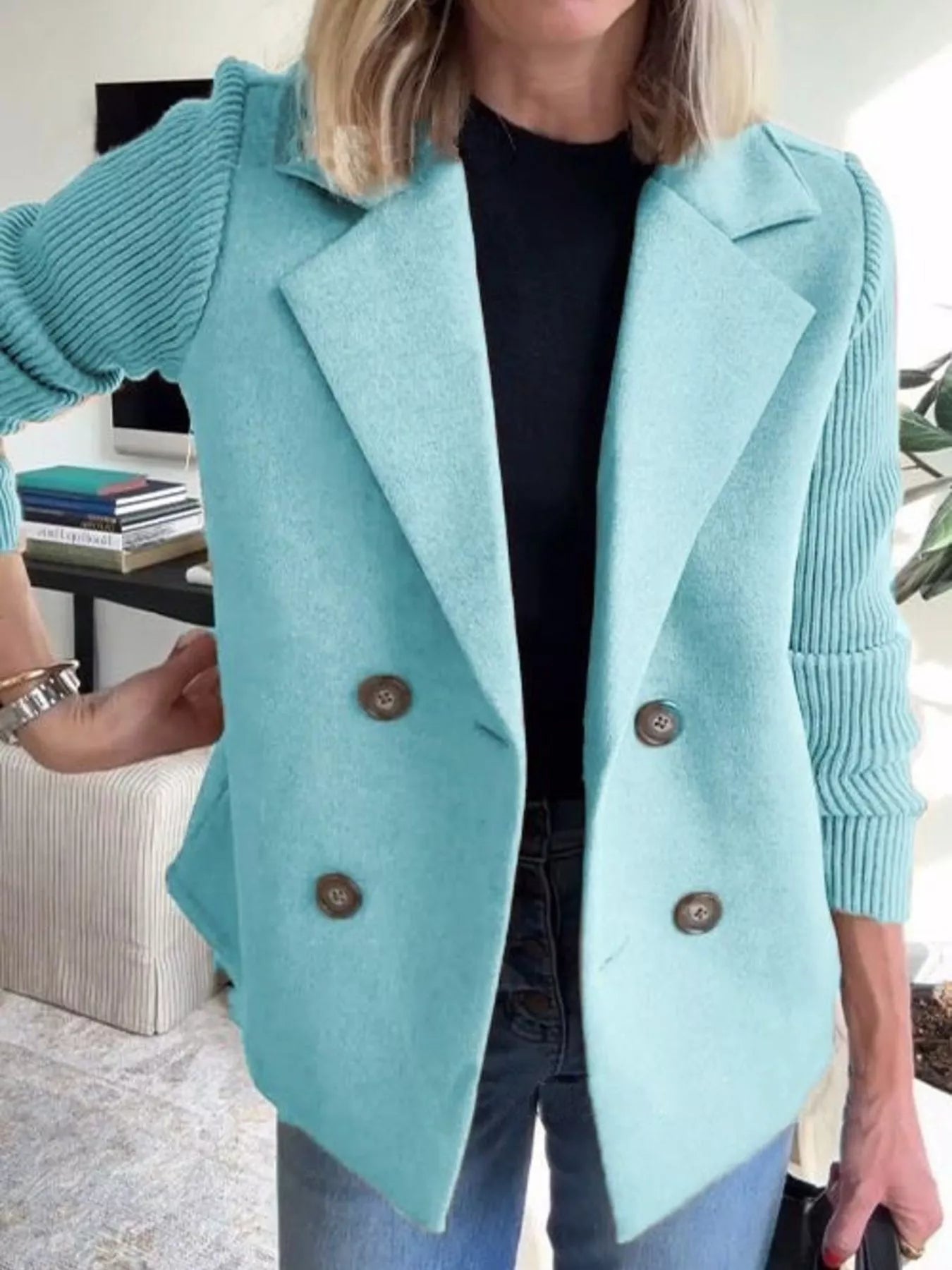 Fashorio Pastel  Blue / S Full Size Knit Sleeve Double-Breasted Outerwear Plus Size