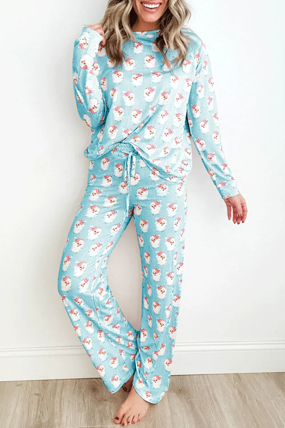 Fashorio Pastel  Blue / S Santa Print Long Sleeve Top and Pants Lounge Set