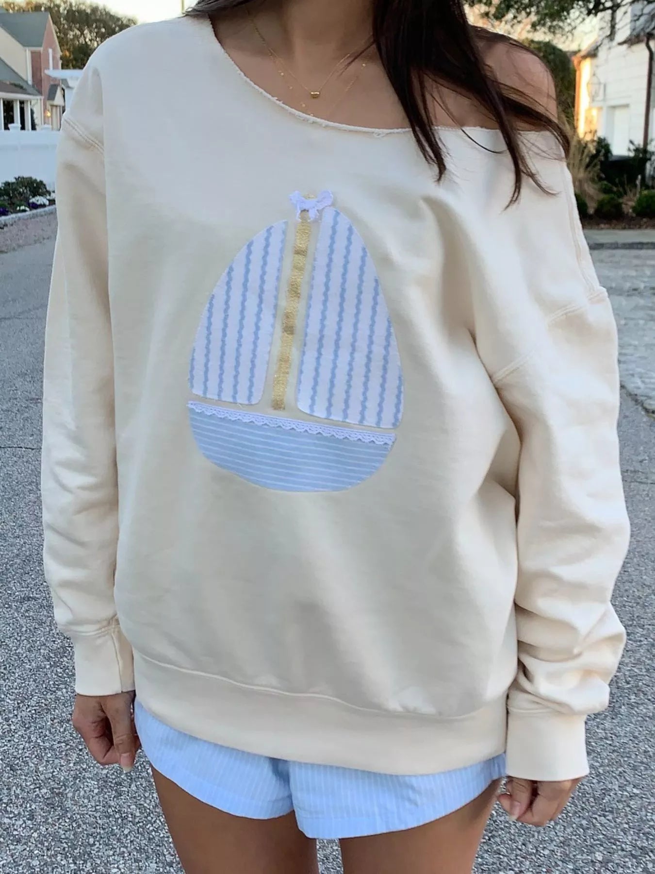 Fashorio Pastel Yellow / S Boat Neck Long Sleeve Patchwork Sweatshirt