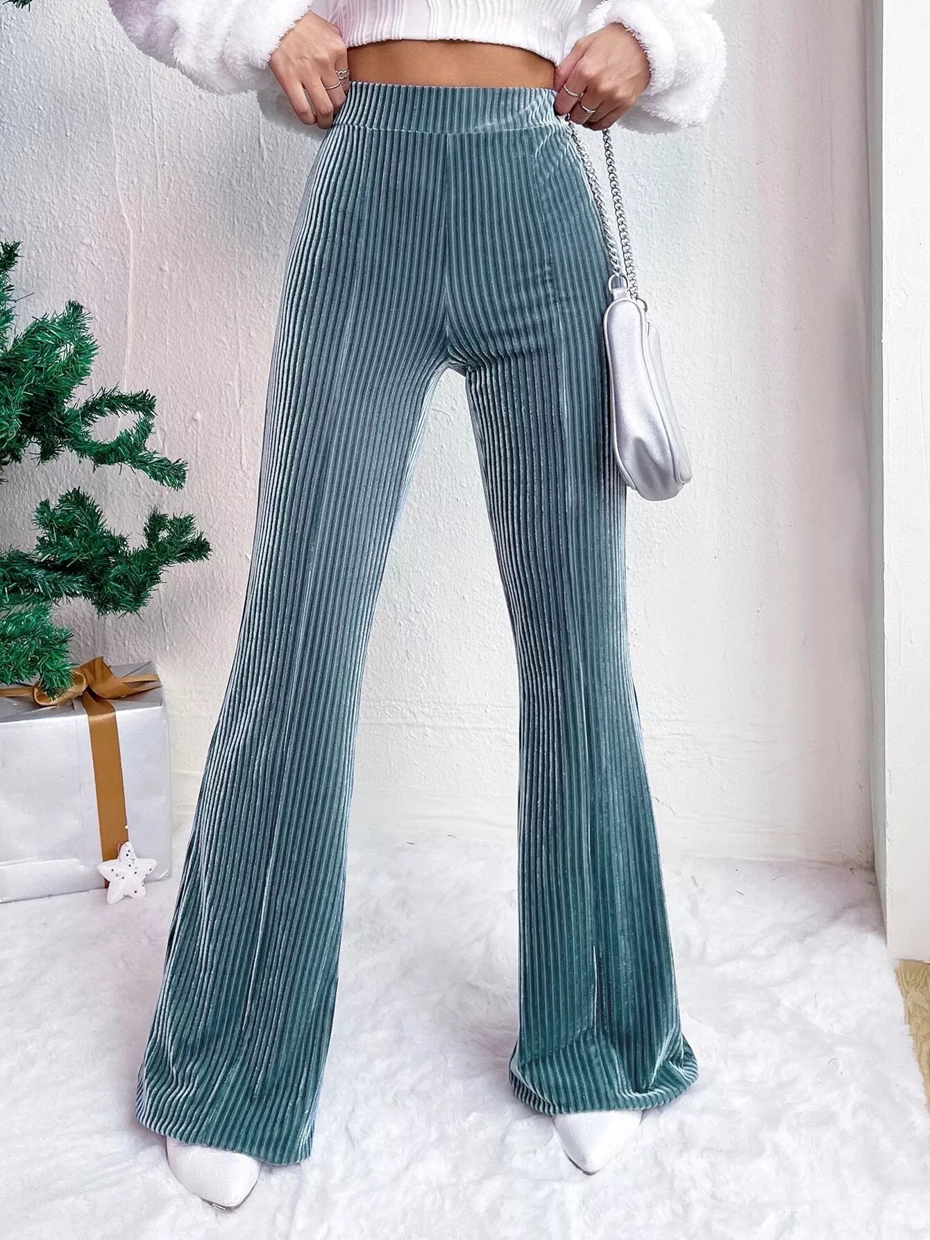 Fashorio Peacock  Blue / S Corduroy High Waist Flare Pants