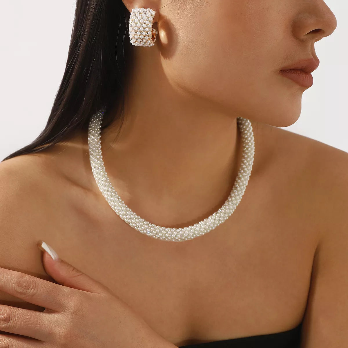 Fashorio Pearl Embellished Earrings and Necklace Jewelry Set