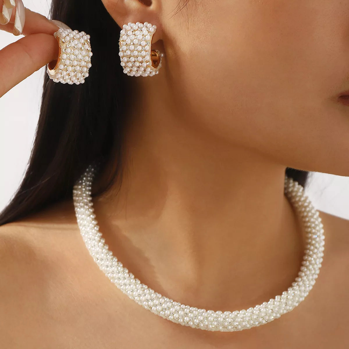 Fashorio Pearl Embellished Earrings and Necklace Jewelry Set
