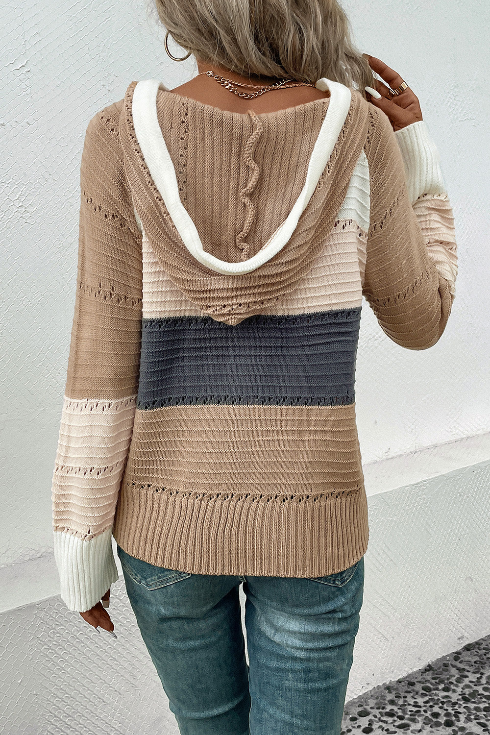 Fashorio Perfee Color Block Drawstring Hooded Sweater