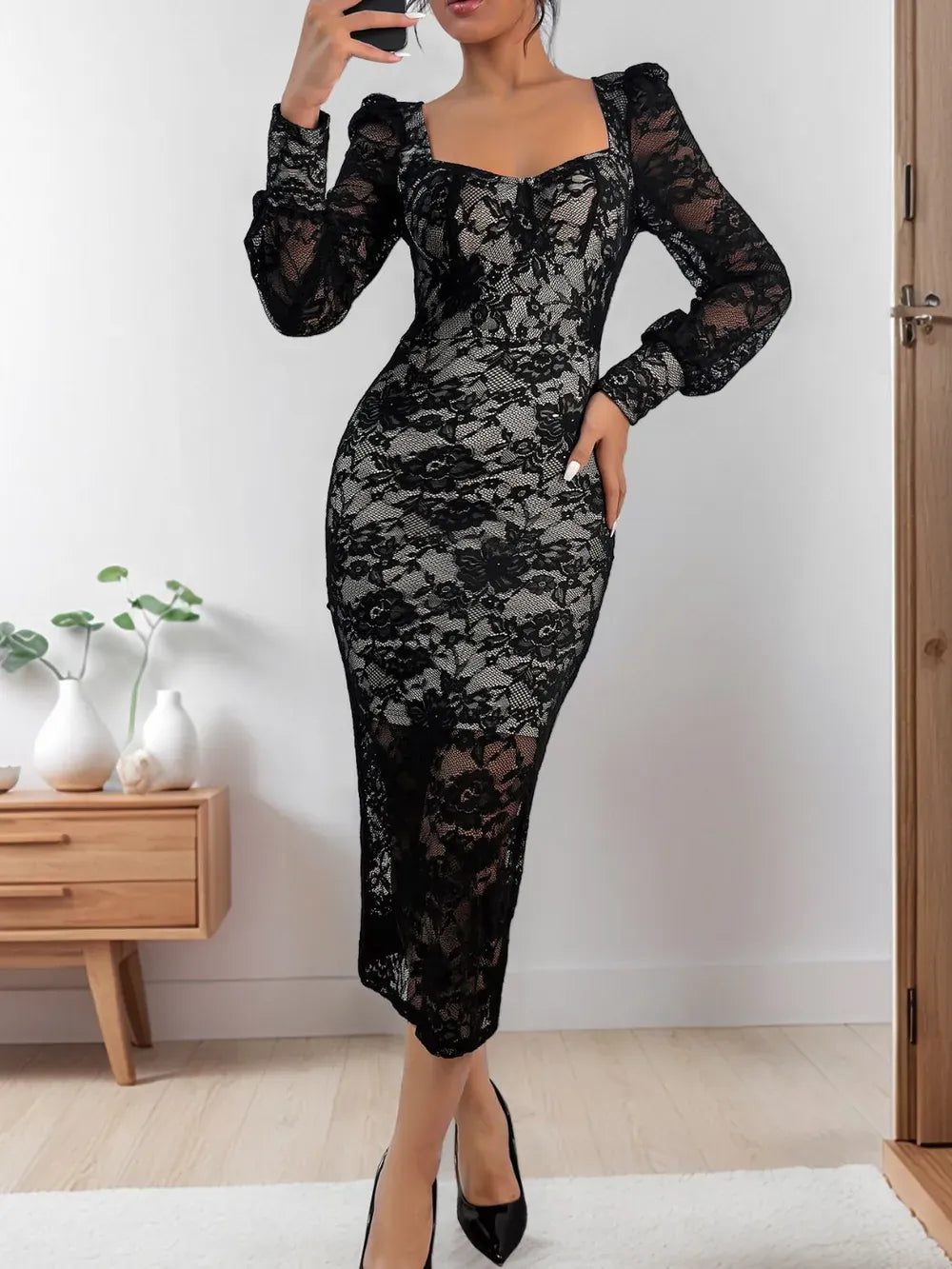 Fashorio Perfee Lace Sweetheart Neck Long Sleeve Midi Dress