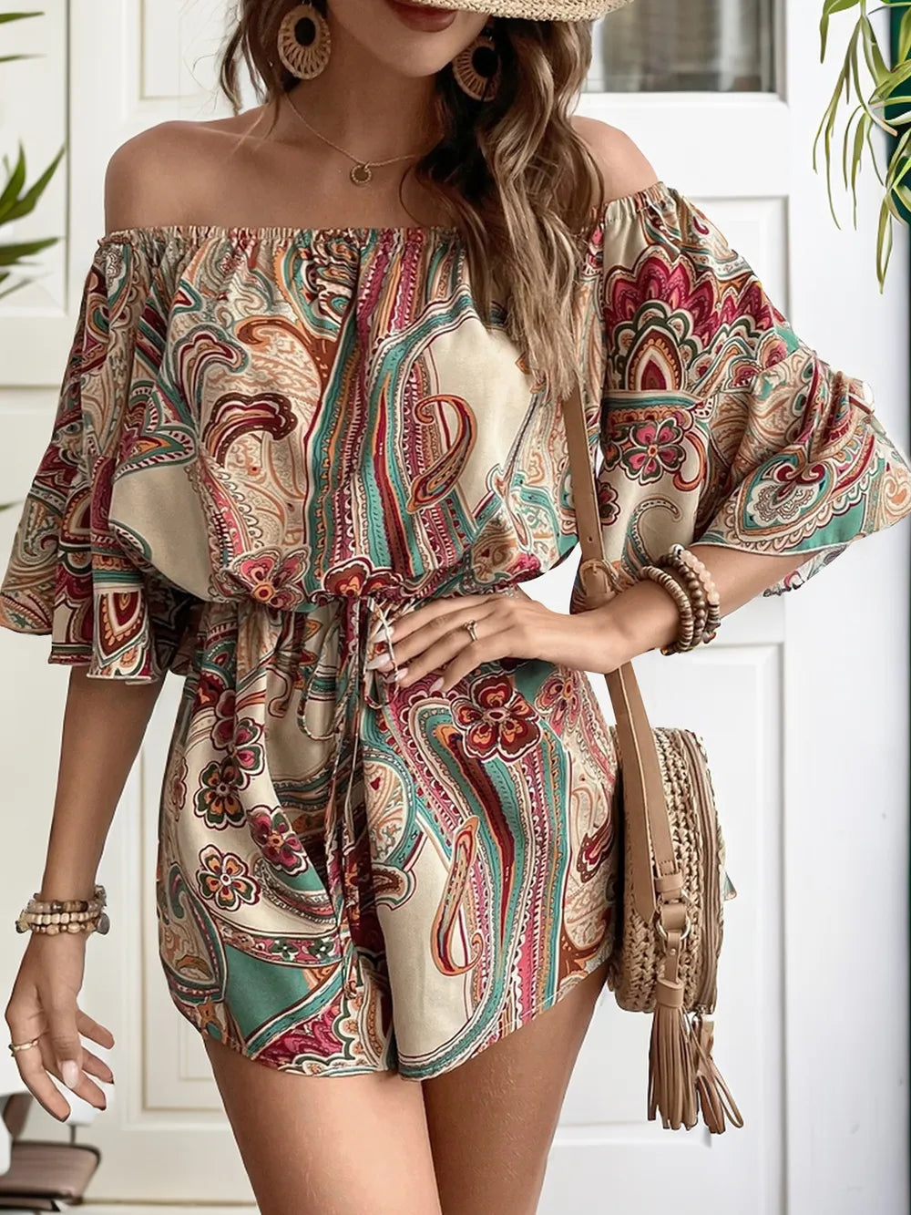 Fashorio Perfee Printed Off Shoulder Half Sleeve Romper
