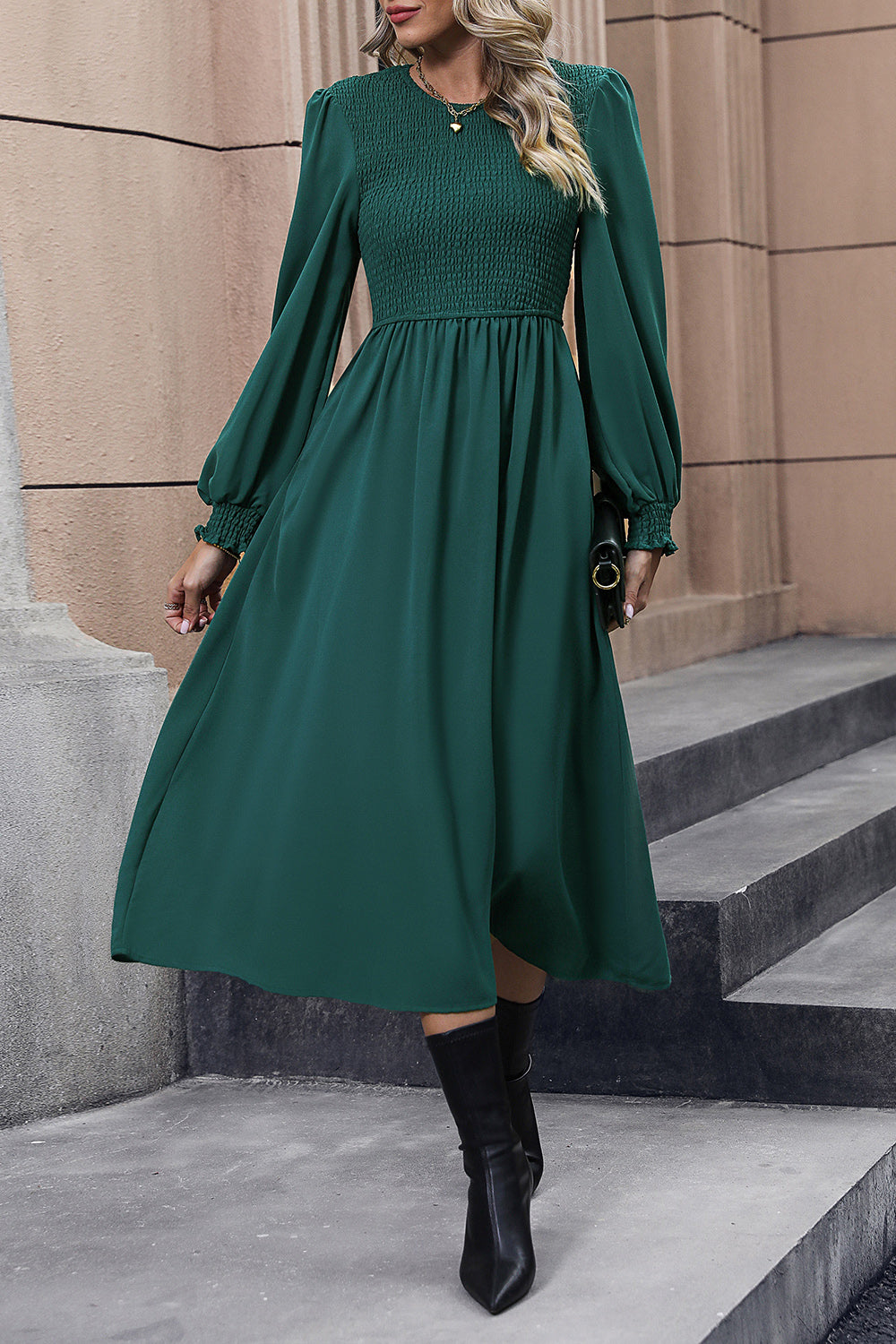 Fashorio Perfee Smocked Long Sleeve Midi Dress