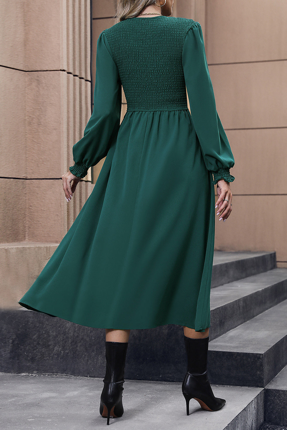 Fashorio Perfee Smocked Long Sleeve Midi Dress