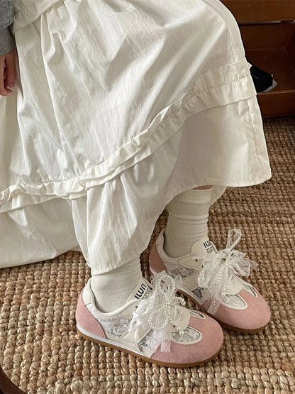 Vintage Lace Ribbon Sneakers Pink - Fashorio