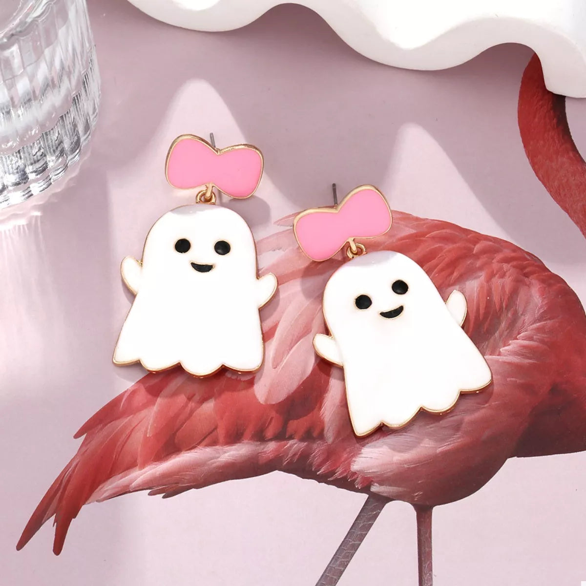 Fashorio Pink And White / onesize Halloween Ghost Dangle Earrings with Bow
