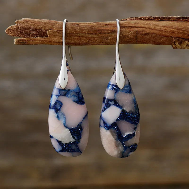 Fashorio Pink Blue/Silver / One Size Teardrop Shape Natural Stone Dangle Earrings