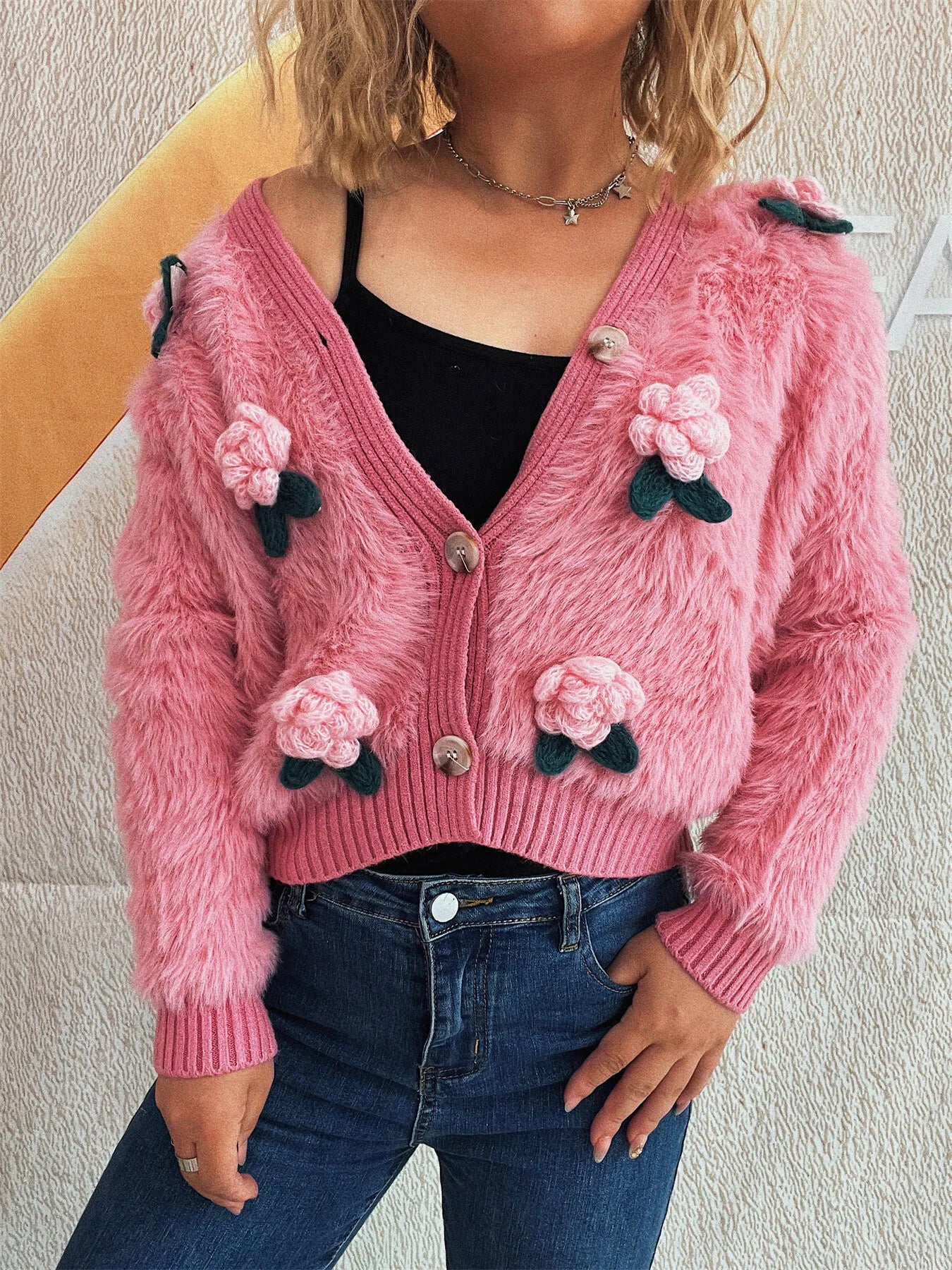 Fashorio Pink / One Size Flower Fuzzy Button-Up Cardigan