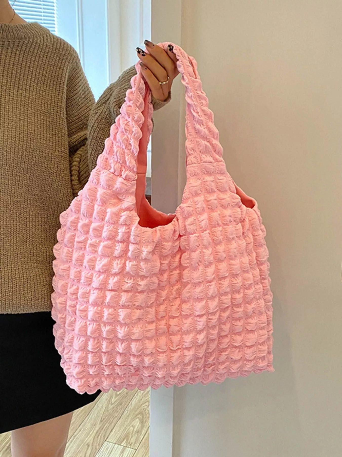 Fashorio Pink / One Size Textured Ruched Shoulder Bag