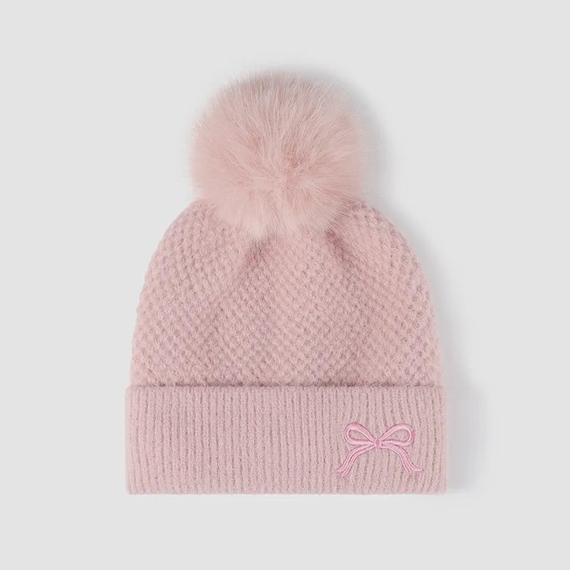 Fashorio Pink / One Size Thermal Bow Knit Hat with Pompom